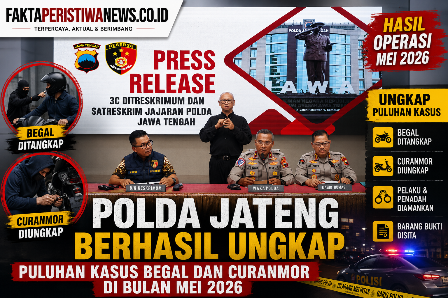Polda Jateng Berhasil Ungkap Puluhan Kasus Begal dan Curanmor di Bulan Mei 2026