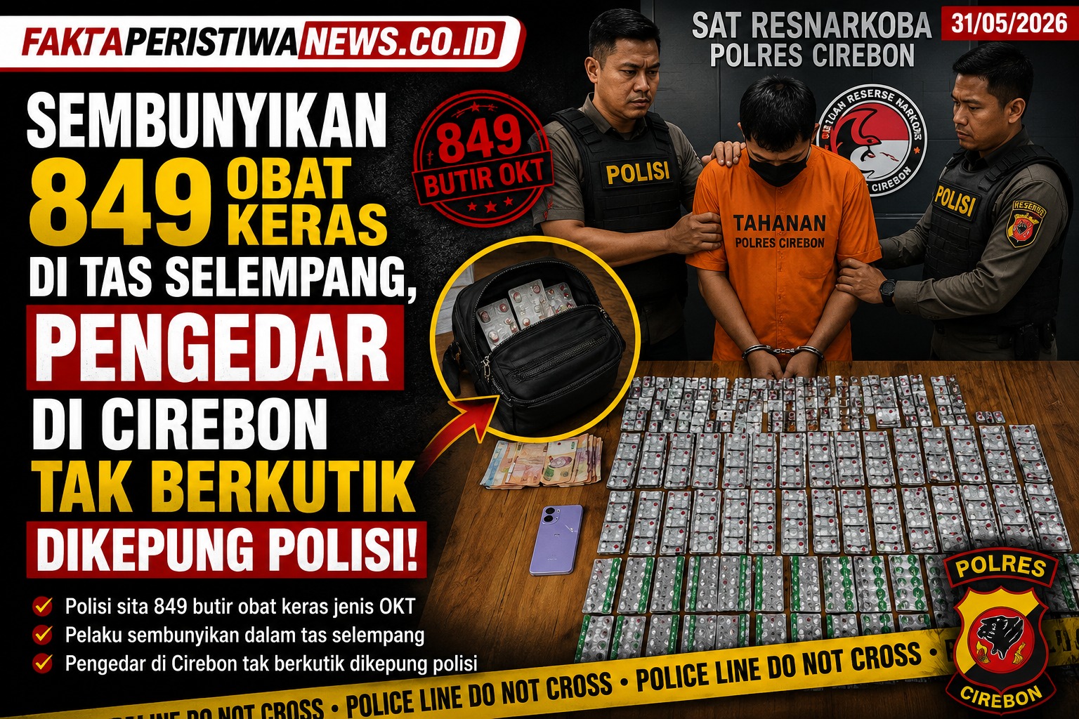 Sembunyikan 849 Obat Keras di Tas Selempang, Pengedar di Cirebon Tak Berkutik Dikepung Polisi!