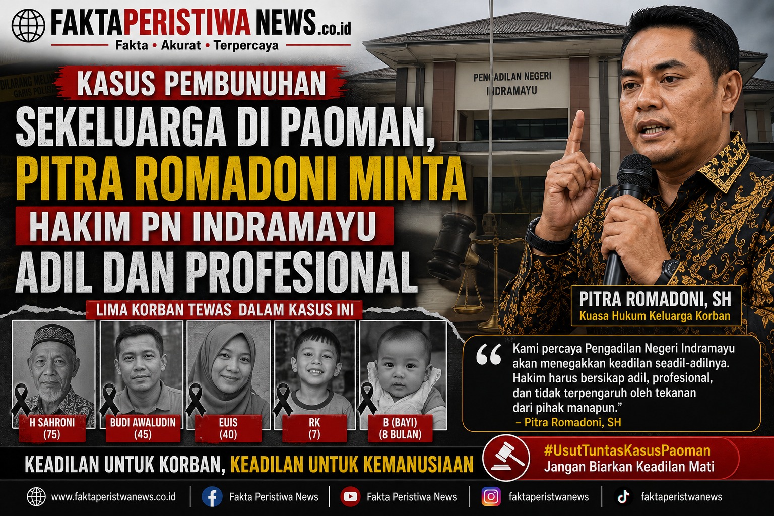 Kasus Pembunuhan Sekeluarga di Paoman, Pitra Romadoni Minta Hakim PN Indramayu Adil dan Profesional