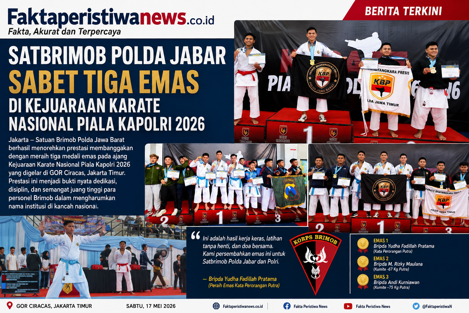 Satbrimob Polda Jabar Sabet Tiga Emas di Kejuaraan Karate Nasional Piala Kapolri 2026