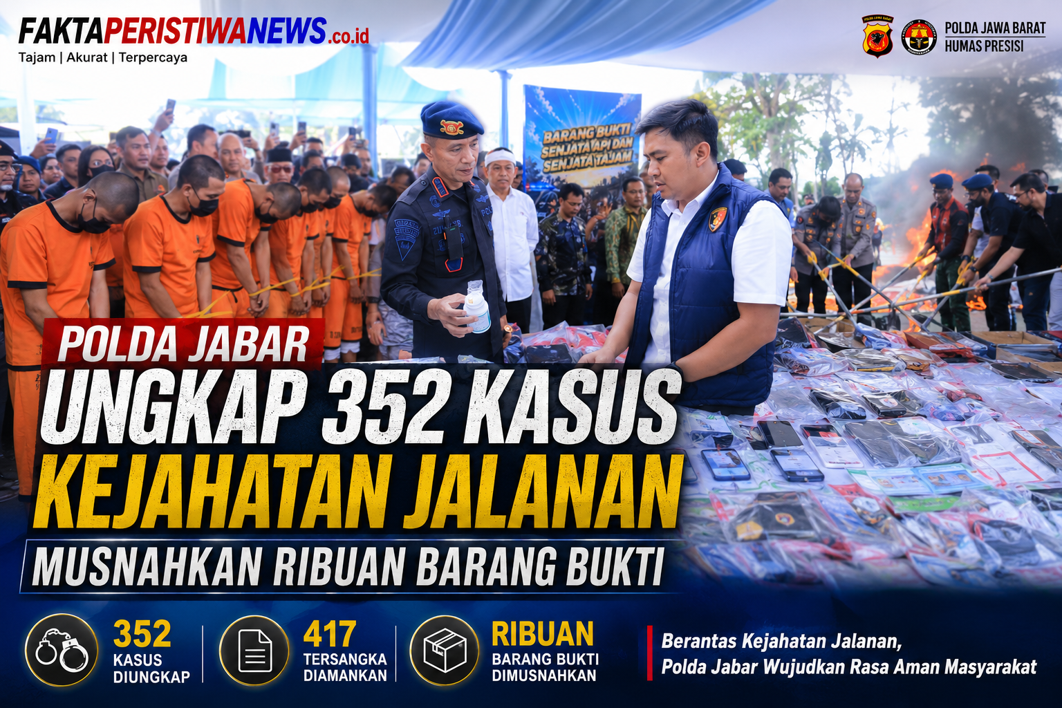 Polda Jabar Ungkap 352 Kasus Kejahatan Jalanan, Musnahkan Ribuan Barang Bukti