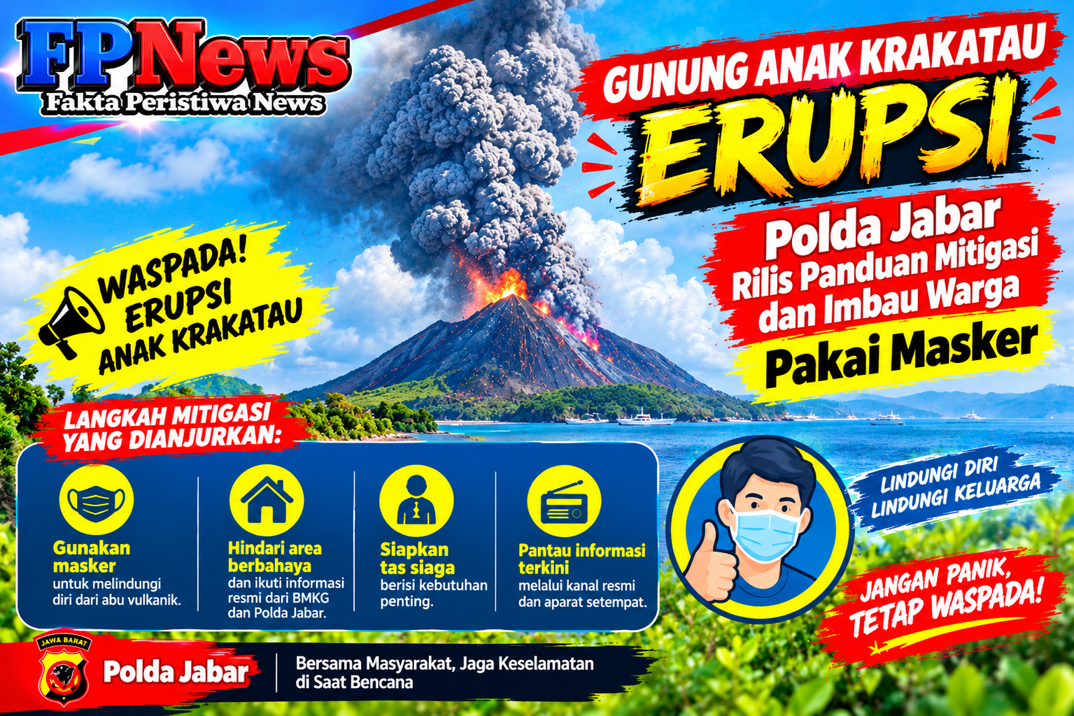 Gunung Anak Krakatau Erupsi, Polda Jabar Rilis Panduan Mitigasi dan Imbau Warga Pakai Masker