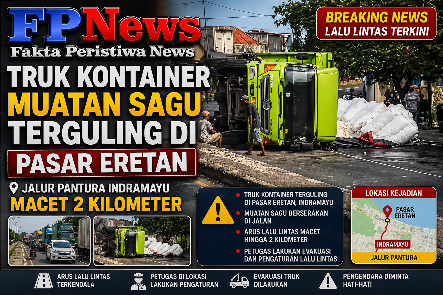 Truk Kontainer Muatan Sagu Terguling di Pasar Eretan, Jalur Pantura Indramayu Macet 2 Kilometer